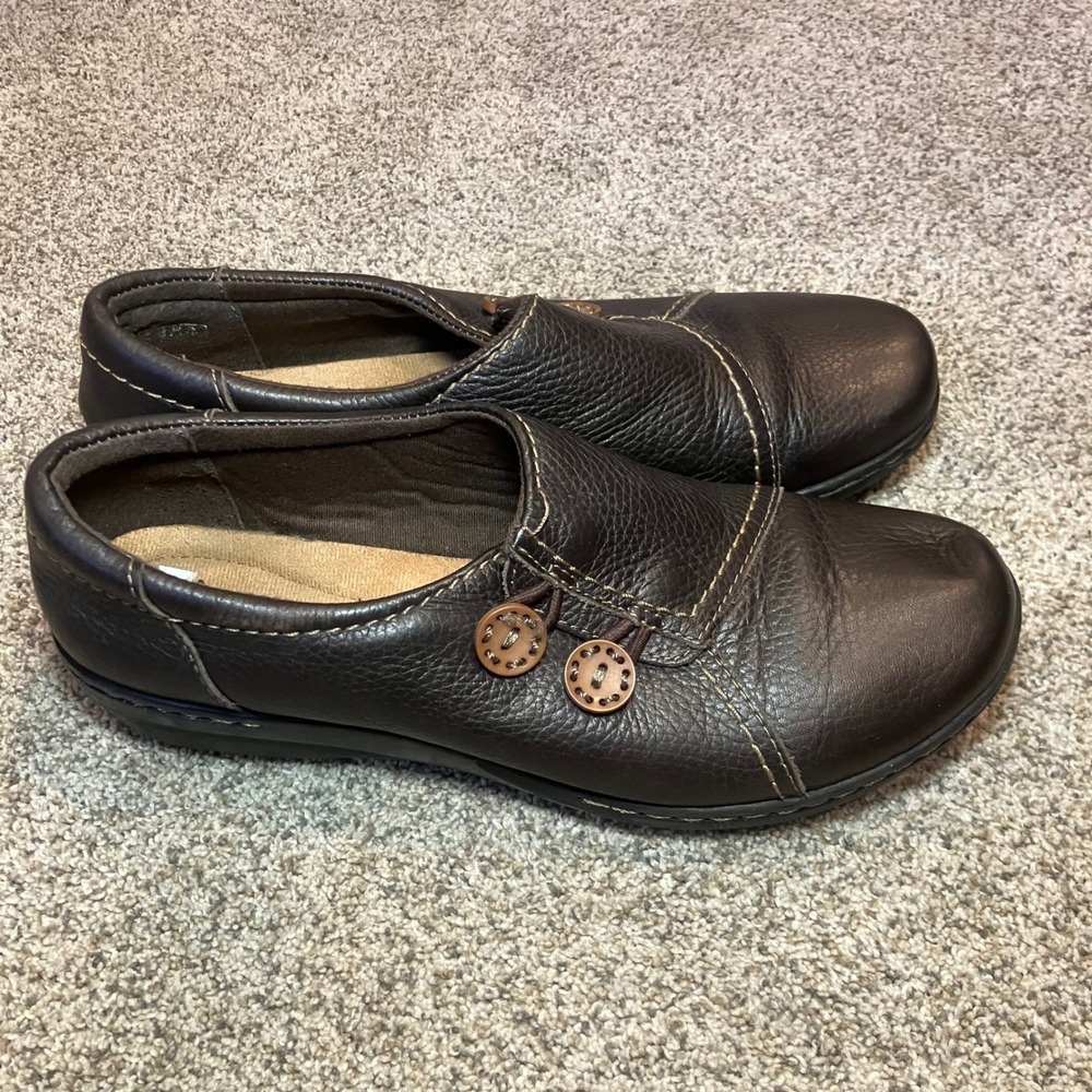 Clarks Collection Brown Leather Cushion Soft Button Loafers Womens 10 M‎